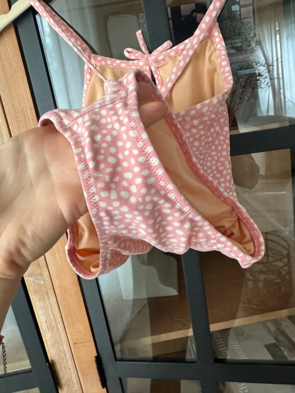 Crewcuts one piece swimsuit polka dots bows criss cross girls peachy
